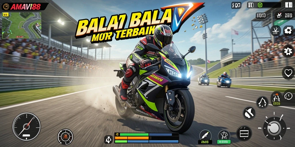 Gambar gameplay seru di AMAVI88 dengan balapan motor yang menghentak.