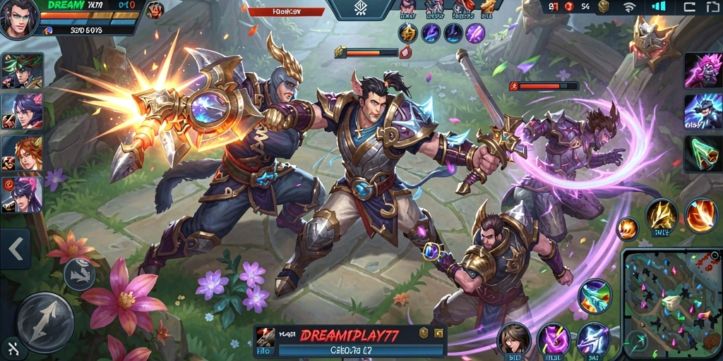Tangkapan layar gameplay <strong>DREAMPLAY77</strong> menunjukkan aksi seru antara karakter di arena MOBA.