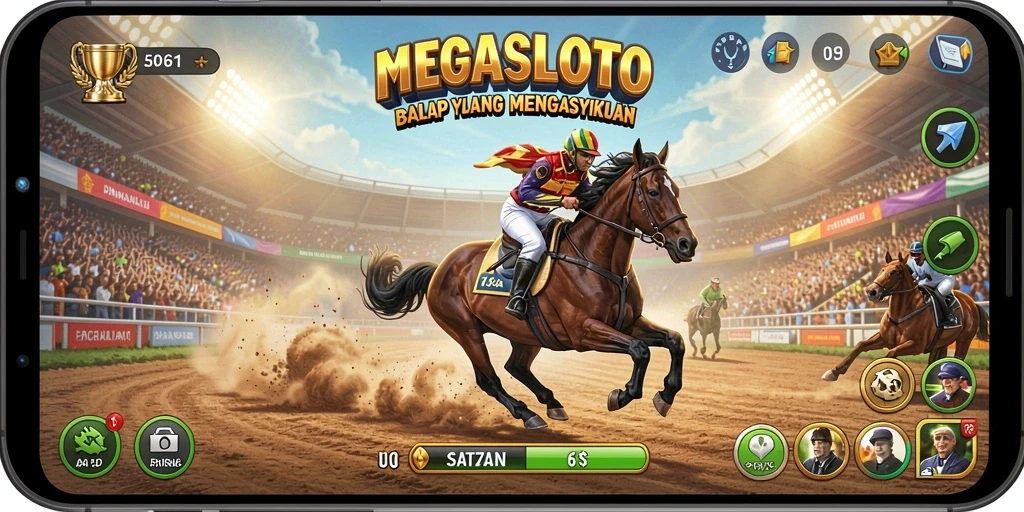Tampilan gameplay MEGASLOTO saat balapan mendebarkan.