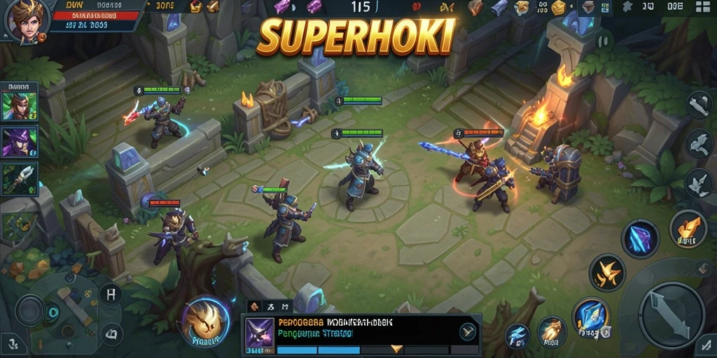 Screenshot gameplay SUPERHOKI yang menunjukkan pertarungan seru dalam mode MOBA.